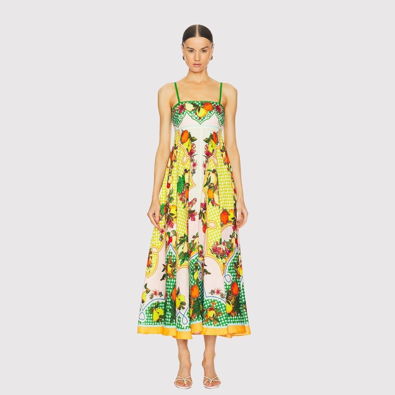 Alemais Maxi Dress Yellow Green Lemonis European Flax Fruit Print Sundress Us 8